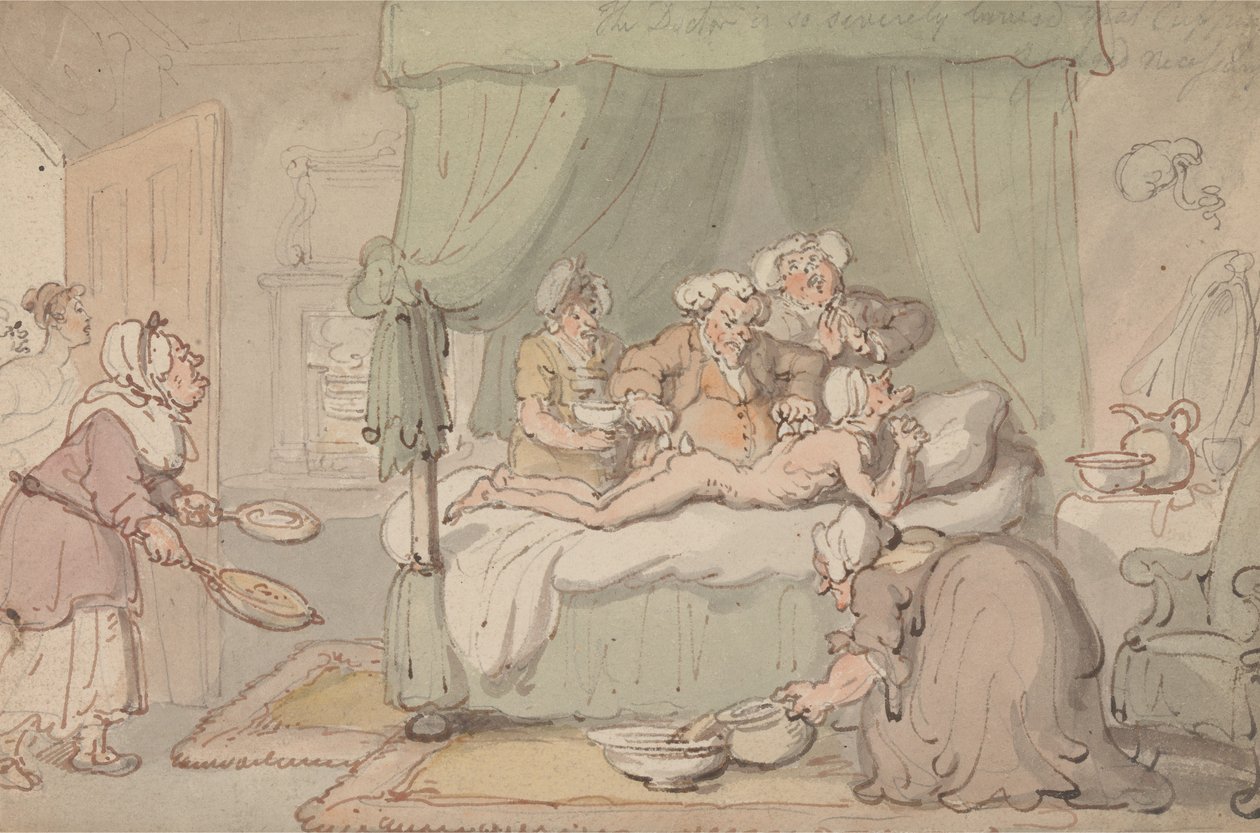 „Doktor má tak vážné pohmožděniny, že se považuje za nutné provést baňkování.“ od Thomas Rowlandson