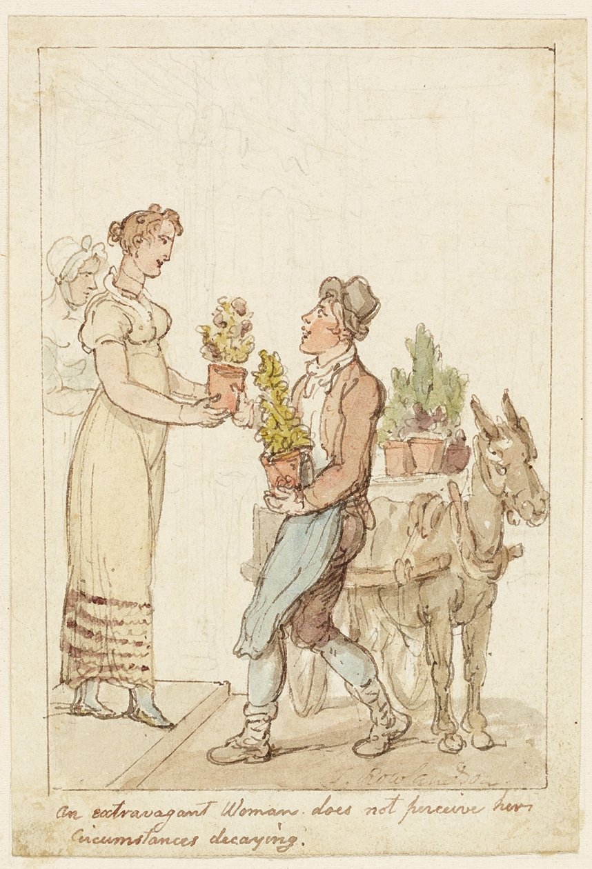 Extravagantní žena nevnímá, že její okolnosti chátrají od Thomas Rowlandson