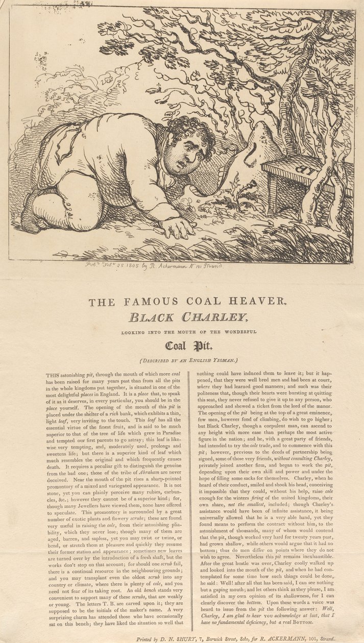 Slavný černý uhlíř, Black Charley, hledí do ústí nádherného uhelného dolu od Thomas Rowlandson