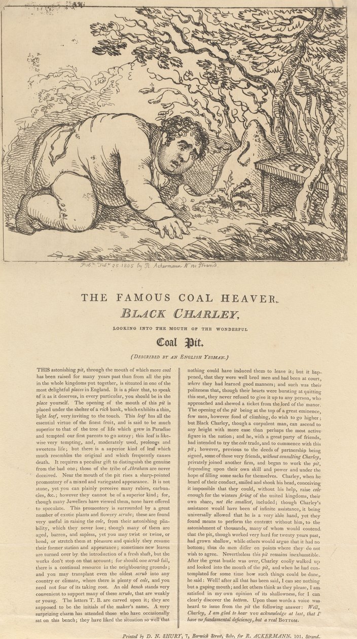 Slavný černý uhlíř, Black Charley, hledí do ústí úžasného uhelného dolu od Thomas Rowlandson