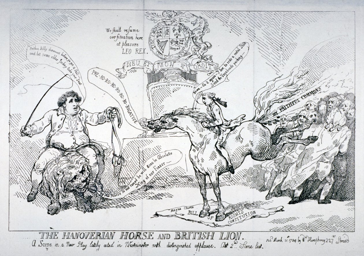 „Hannoverský kůň a britský lev“, 1784 od Thomas Rowlandson