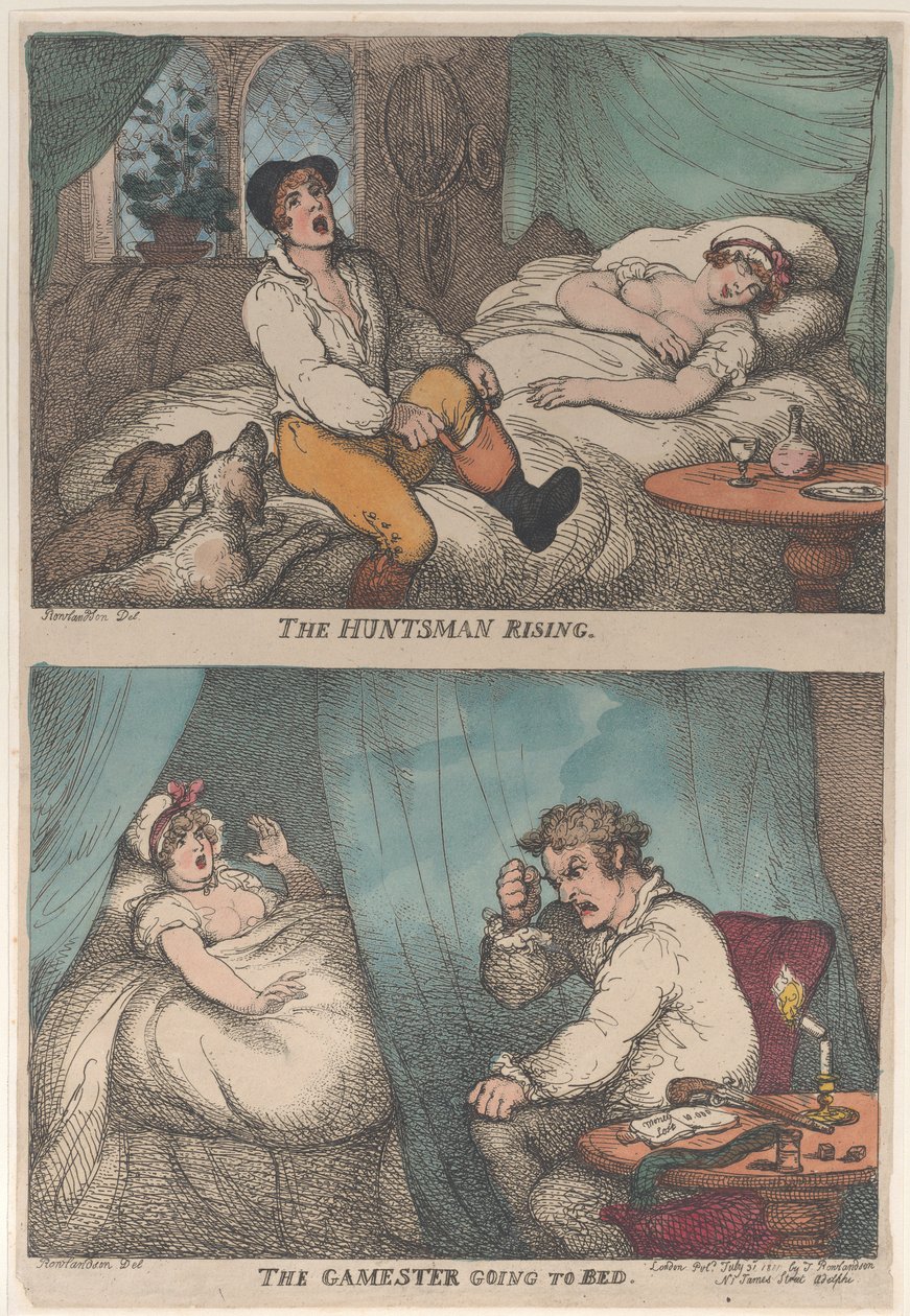 The Huntsman Rising, The Gamester Going to Bed, [31. července 1809],..., [31. července 1809], znovu vydáno 1811. od Thomas Rowlandson