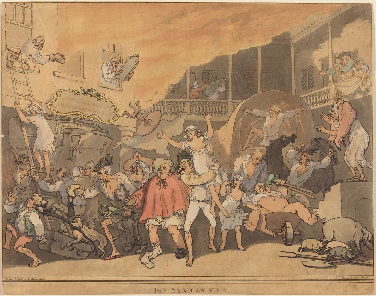 Hořící dvůr hostince od Thomas Rowlandson