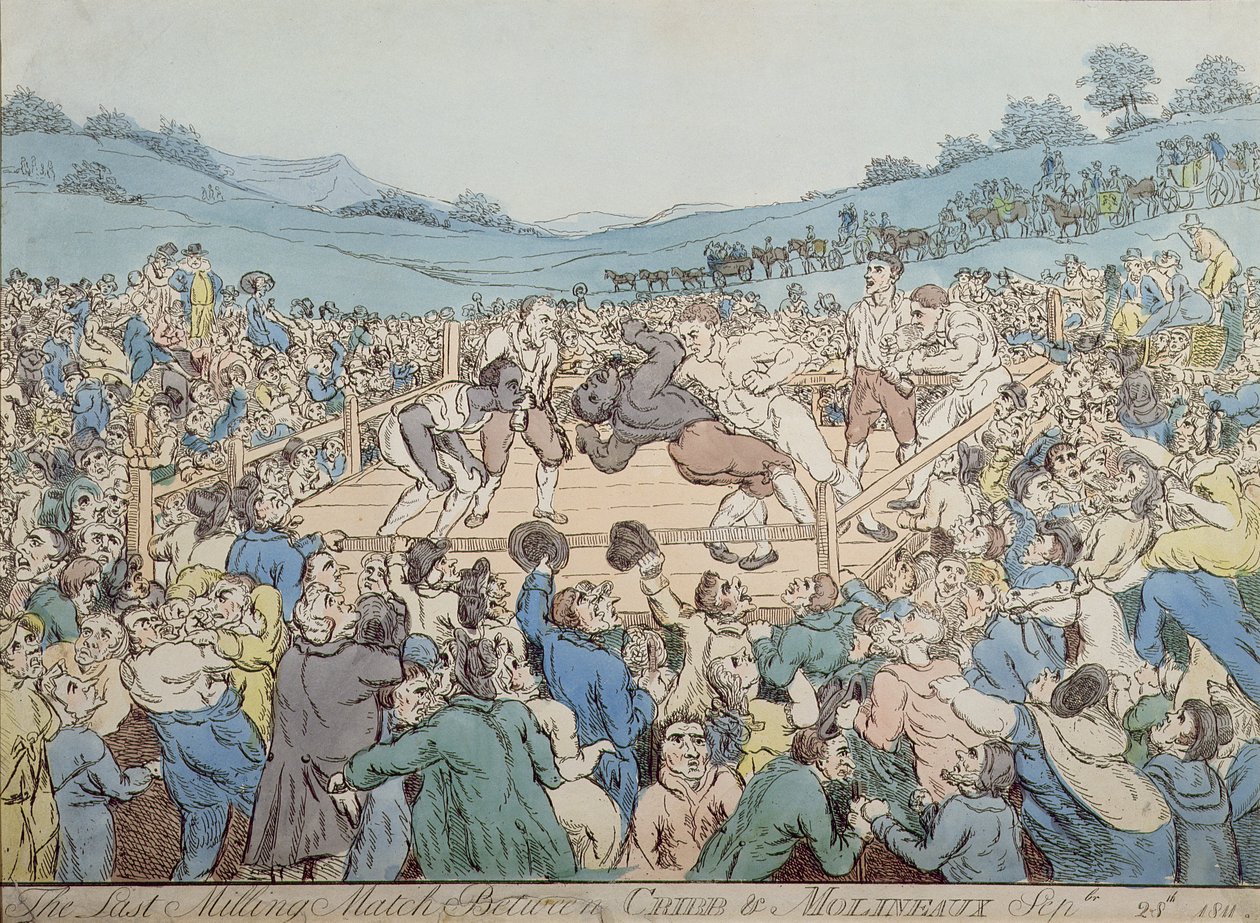 Poslední frézovací zápas mezi Cribbem a Molineauxem, 28. září 1811 (barevná rytina) od Thomas Rowlandson