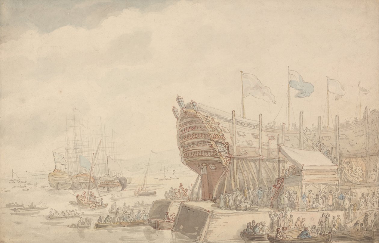 Spuštění lodi H.M.S. „Hibernia“ na vodu v roce 1804 od Thomas Rowlandson