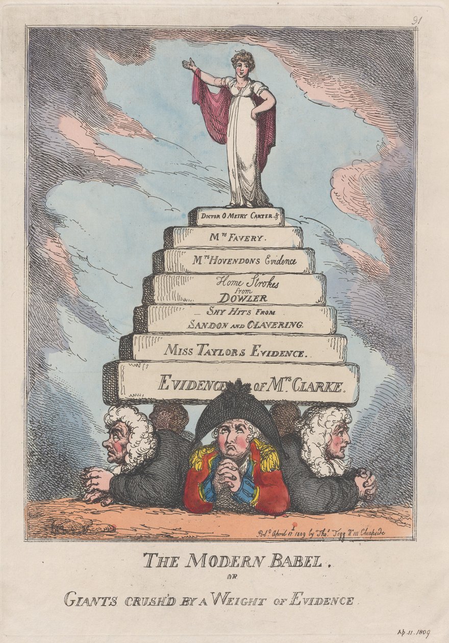 The Modern Babel, aneb obři rozdrceni tíhou důkazů, 11. dubna 1809, 11. dubna 1809. od Thomas Rowlandson