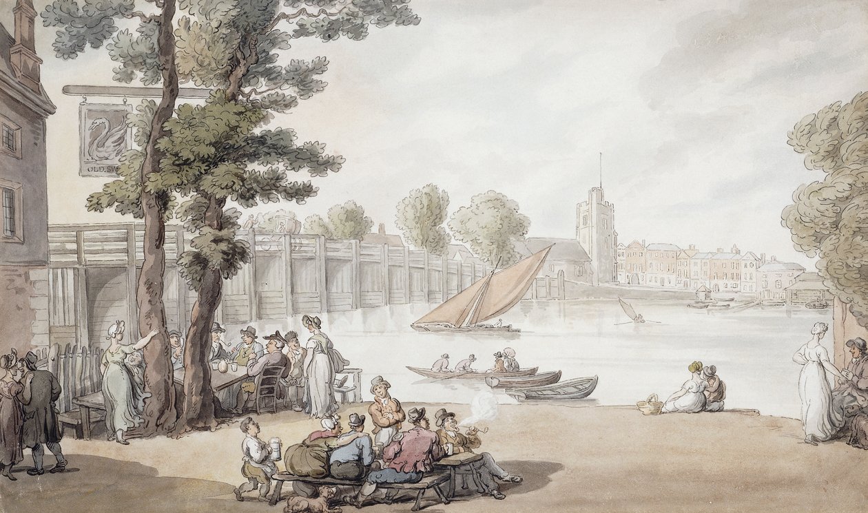 The Old Swan Inn s výhledem na most Putney za ním, od Thomas Rowlandson