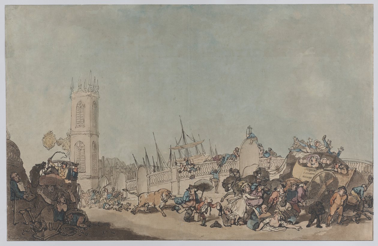 The Overdrove Ox (Šílený býk na Westminsterském mostě) od Thomas Rowlandson