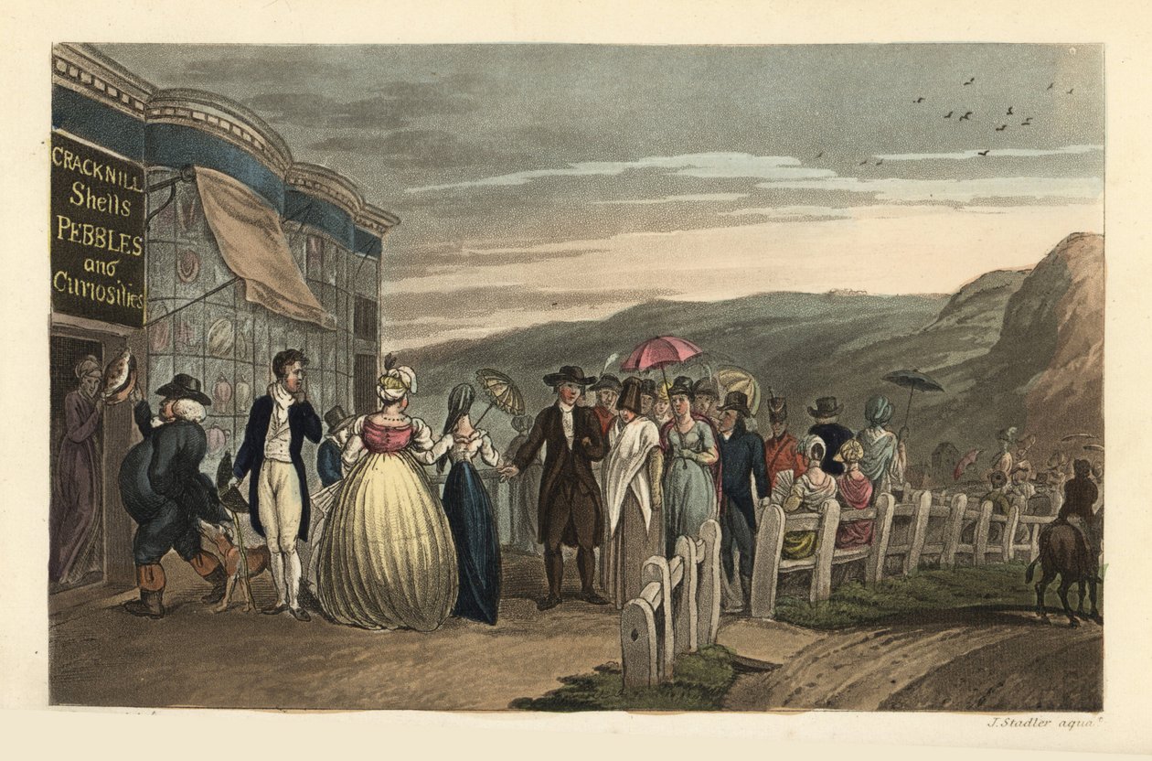 The Promenade: módní turisté procházející se mimo Cracknill Shells, Pebbles and Curiosities Shop. Ručně kolorovaná mědirytina Thomas Rowlandson, akvatinta J.C. Stadler, podle skici J. Greena z Poetical Sketches of Scarborough, Acker od Thomas Rowlandson