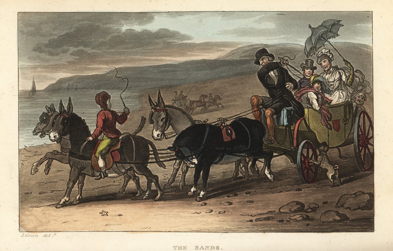 The Sands: turisté v baruche tažené osly na pláži. Ručně kolorovaná mědirytina Thomase Rowlandsona podle skici J. Greena z Poetical Sketches of Scarborough, Ackermann, Londýn od Thomas Rowlandson