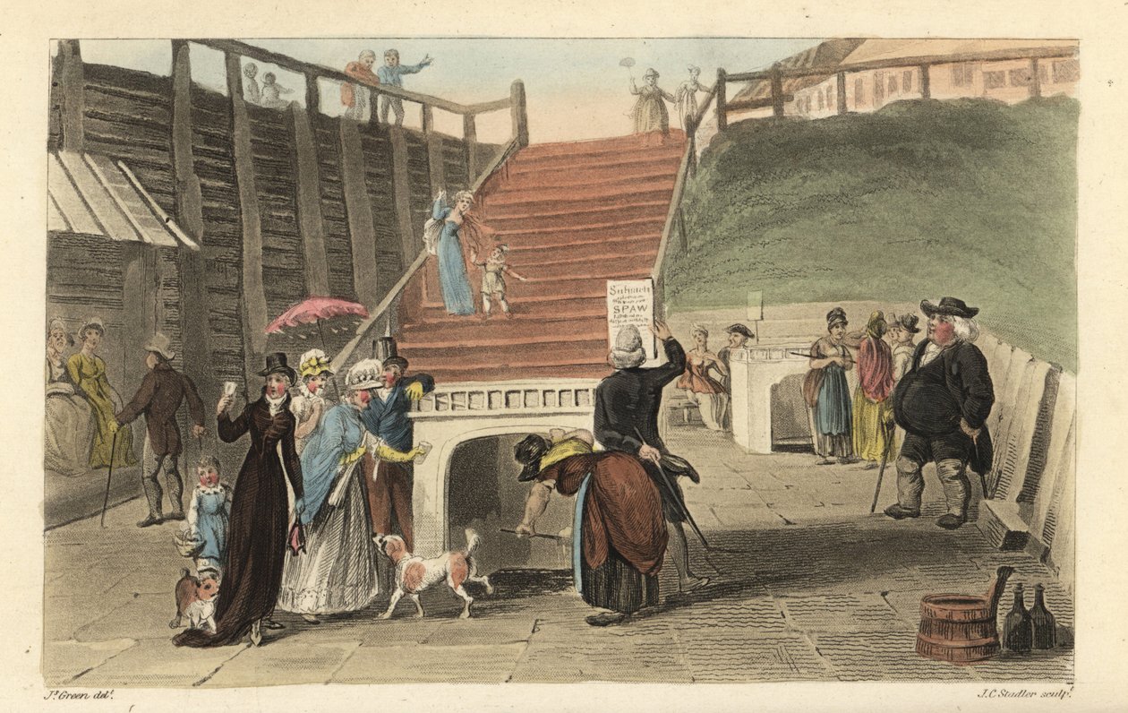 The Spa Wells: Turisté pijící lázeňskou vodu ze studní ve Scarborough Spaw. Ručně kolorovaná mědirytina Thomas Rowlandson, akvatinta J. C. Stadler, podle skici J. Greena z Poetical Sketches of Scarborough, Ackermann, Londýn od Thomas Rowlandson