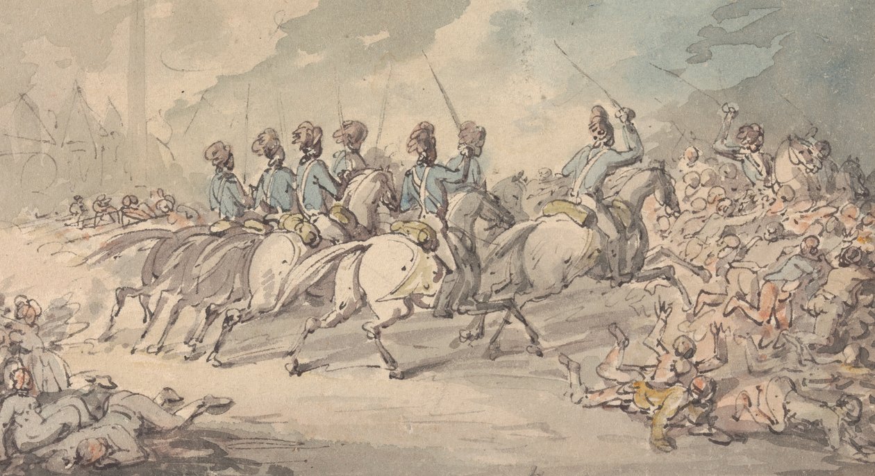 „The Surrey Fencibles rozptylující vzbouřence na polích svatého Jiří 13. června 1795“ od Thomas Rowlandson