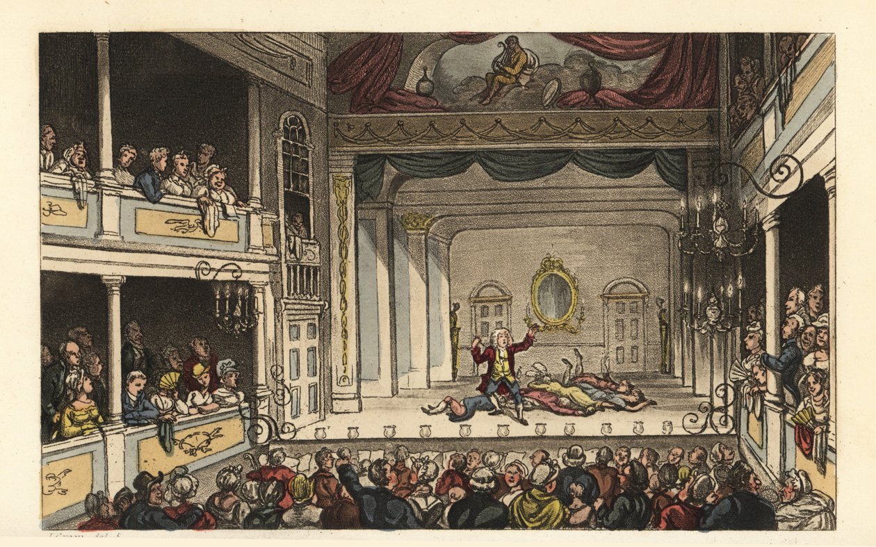 Divadlo: Turisté, kteří si užívají hru v divadle Scarborough. Ručně kolorovaná mědirytina Thomase Rowlandsona podle skici J. Greena z Poetical Sketches of Scarborough, Ackermann, Londýn od Thomas Rowlandson