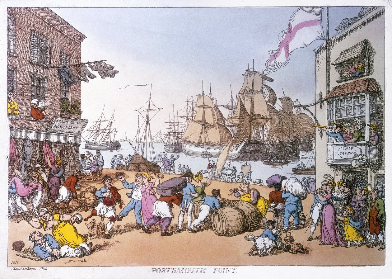 Okres Portsmouth, karikatura popisující činnost tohoto anglického přístavu od Thomas Rowlandson