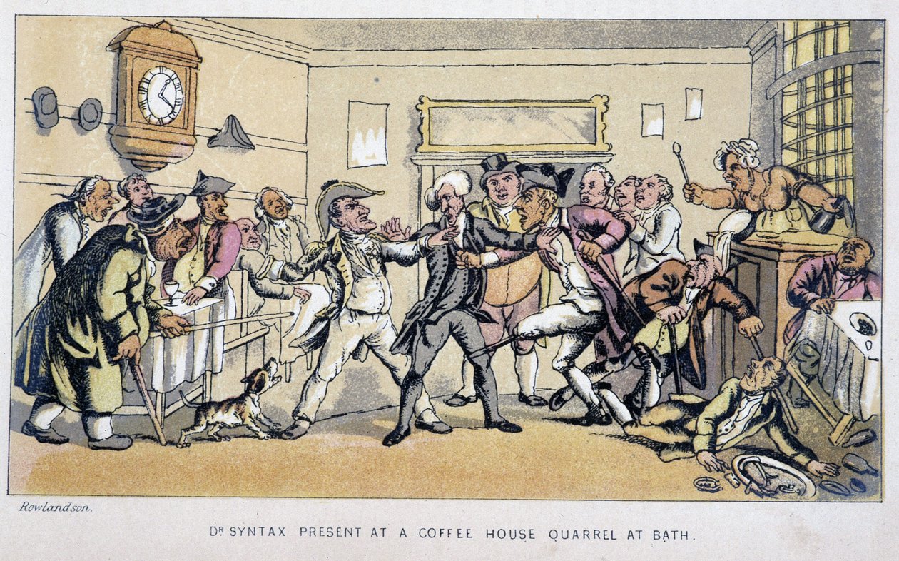 Doktor v bistru, kde vypukne rvačka – ve „“Třech turné doktora Syntaxe: při hledání malebné útěchy a manželky““ od Williama Combe, nemocného. Rowlandson od Thomas Rowlandson