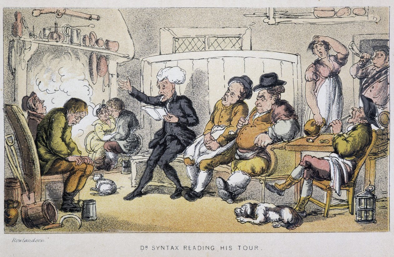 Doktor čte po probuzení - ve „“ třech cestách doktora Syntaxe: při hledání malebné útěchy a manželky“ od Williama Combe, nemocného. Rowlandson od Thomas Rowlandson
