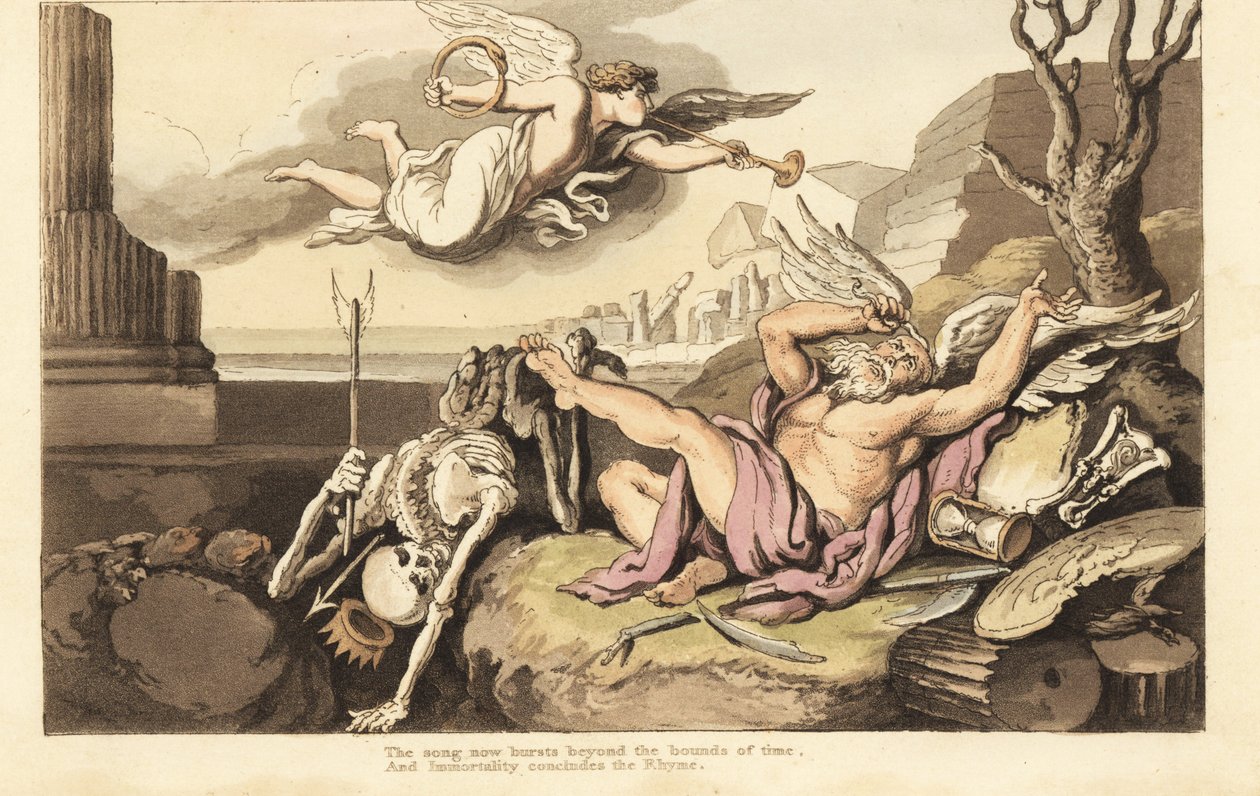 Kostra Smrti a Otce Času se rozprostírají pod andělem Věčnosti. Ručně kolorovaný mědiryt nakreslený a rytý Thomasem Rowlandsonem z The English Dance of Death, Ackermann, Londýn od Thomas Rowlandson
