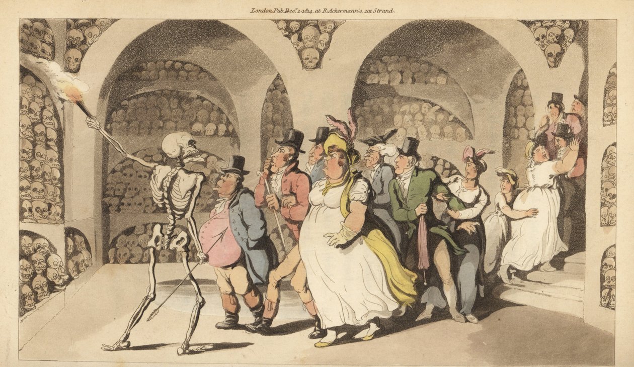 Kostra Smrti provází skupinu turistů katakombami v Paříži. Ručně kolorovaný mědiryt nakreslený a rytý Thomasem Rowlandsonem z The English Dance of Death, Ackermann, Londýn od Thomas Rowlandson