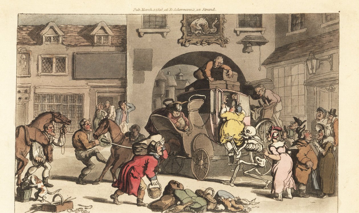 Kostra Smrti pomáhá velké matróně na osudnou Poslední fázi. Ručně kolorovaný mědiryt nakreslený a rytý Thomasem Rowlandsonem z The English Dance of Death, Ackermann, Londýn od Thomas Rowlandson