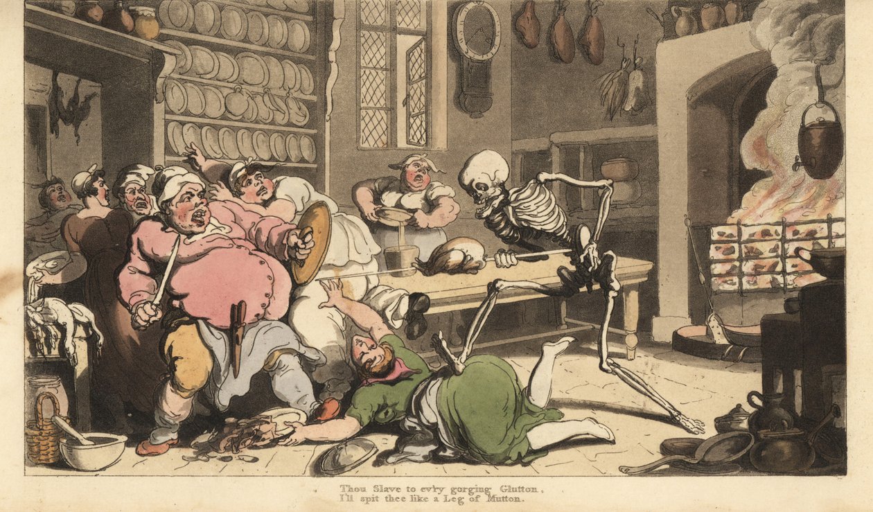 Kostra Smrti probodne tlustého kuchaře k smrti špejlí s pečeným kuřetem. Ručně kolorovaný mědiryt nakreslený a rytý Thomasem Rowlandsonem z The English Dance of Death, Ackermann, Londýn od Thomas Rowlandson