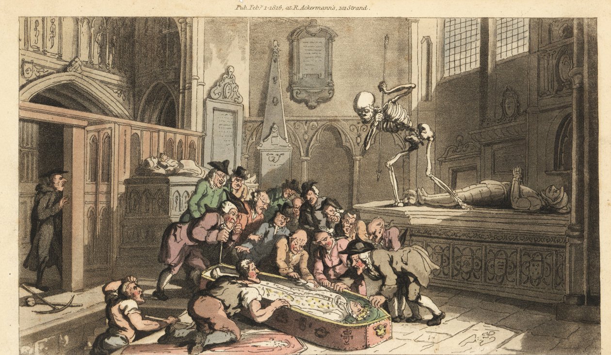 Kostra Smrti sleduje, jak antikváři exhumují královu mrtvolu z krypty v kostele. Ručně kolorovaný mědiryt nakreslený a rytý Thomasem Rowlandsonem z The English Dance of Death, Ackermann, Londýn od Thomas Rowlandson