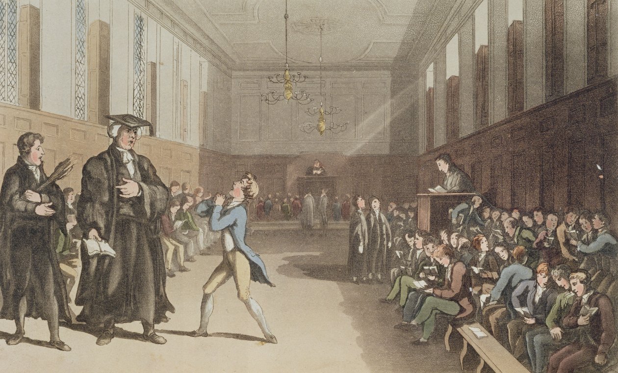 Přísný preceptor svým hrozivým přikývnutím zavolá moudrou opravu tyče ze Souhrnného pojednání o moderním vzdělávání, 1802 (ručně kolorovaná leptaná deska) od Thomas Rowlandson