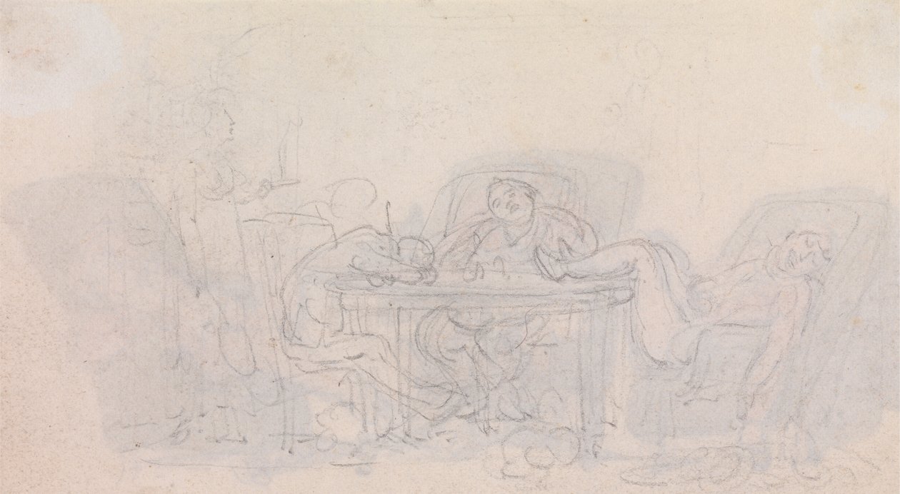 Tři sportovci spí u stolu na svých židlích od Thomas Rowlandson