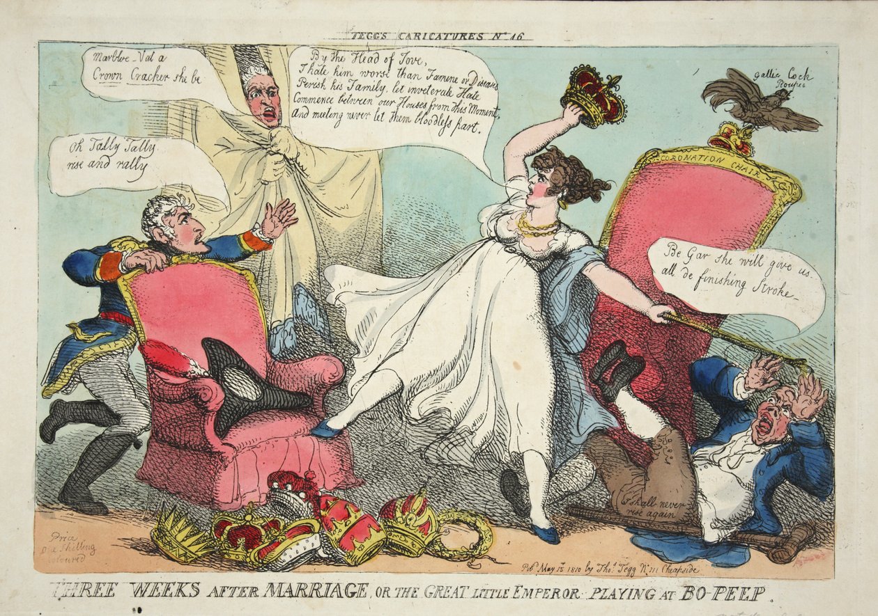 Tři týdny po svatbě aneb Velký malý císař hrající Bo-Peep, hospoda. 1810 (ručně kolorovaná rytina) od Thomas Rowlandson