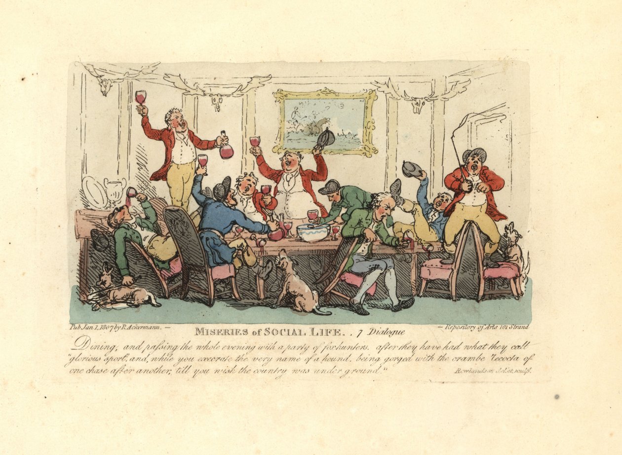 Unavený a opilý muž na bouřlivé večeři s lovci lišek. od Thomas Rowlandson