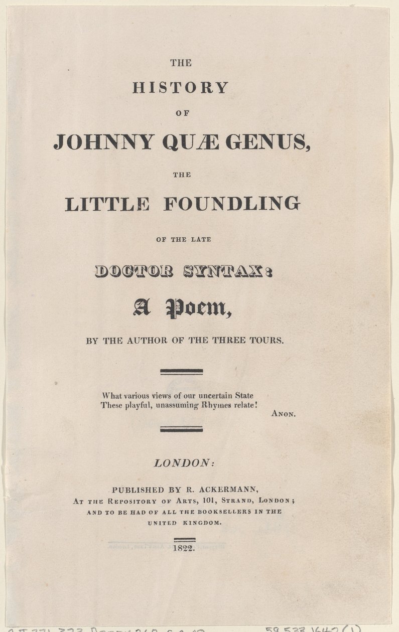 Titulní strana, z Historie Johnny Quae Genus, Malý nálezce pozdního doktora..., 1822. od Thomas Rowlandson