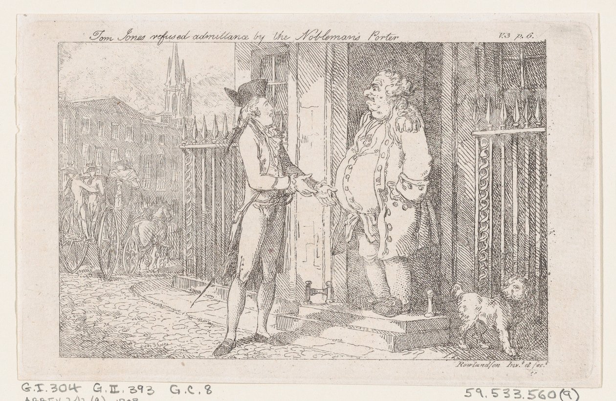 Tom Jones odmítl přijetí šlechticovým vrátným, z Historie Toma Jonese, F..., 1792. od Thomas Rowlandson