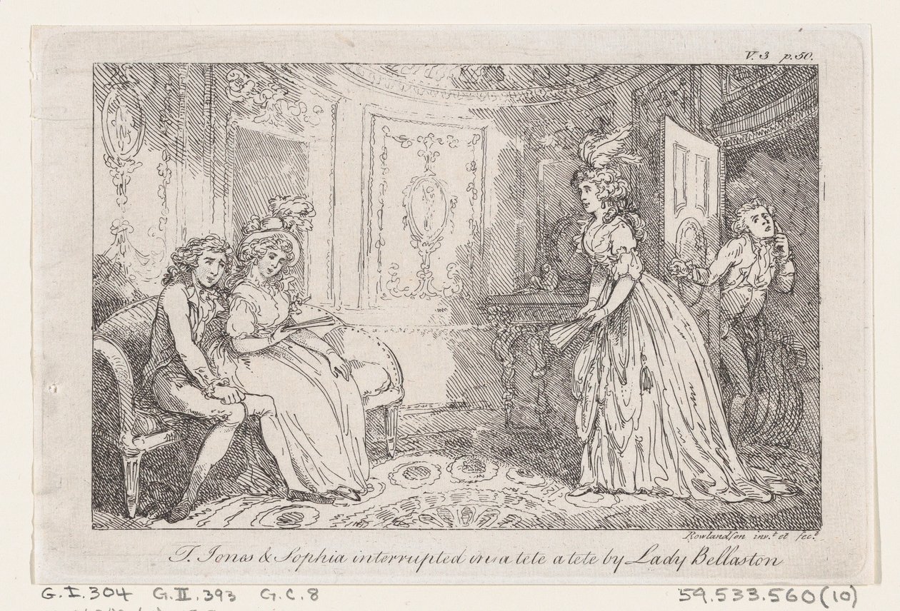 Tom Jones a Sophia přerušili v tete a tete od lady Bellastonové z The History of To..., 1792. od Thomas Rowlandson