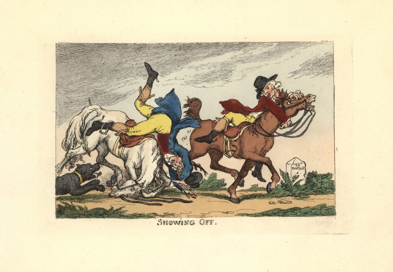 Dva muži po předvedení spadli z koní. Předvádění se. od Thomas Rowlandson