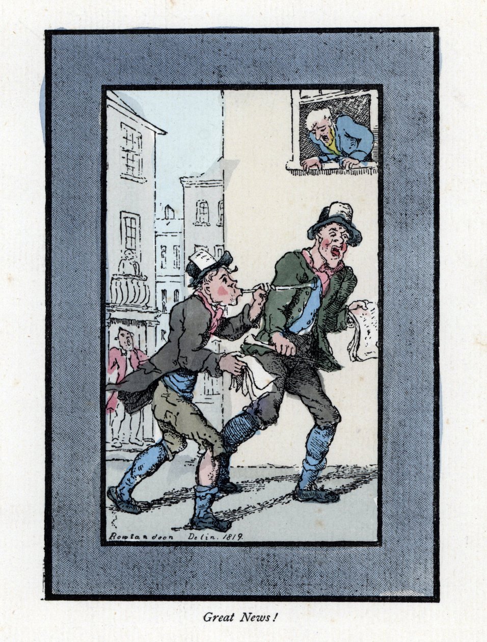 Dva prodavači novin s dlouhými píšťalami prodávají noviny na londýnské ulici. Dřevoryt podle malby Thomase Rowlandsona (1756-1827), publikované v The Cris of London: se šesti okouzlujícími dětmi a téměř 40 ilustracemi, od Andrewa Tuera, od Thomas Rowlandson