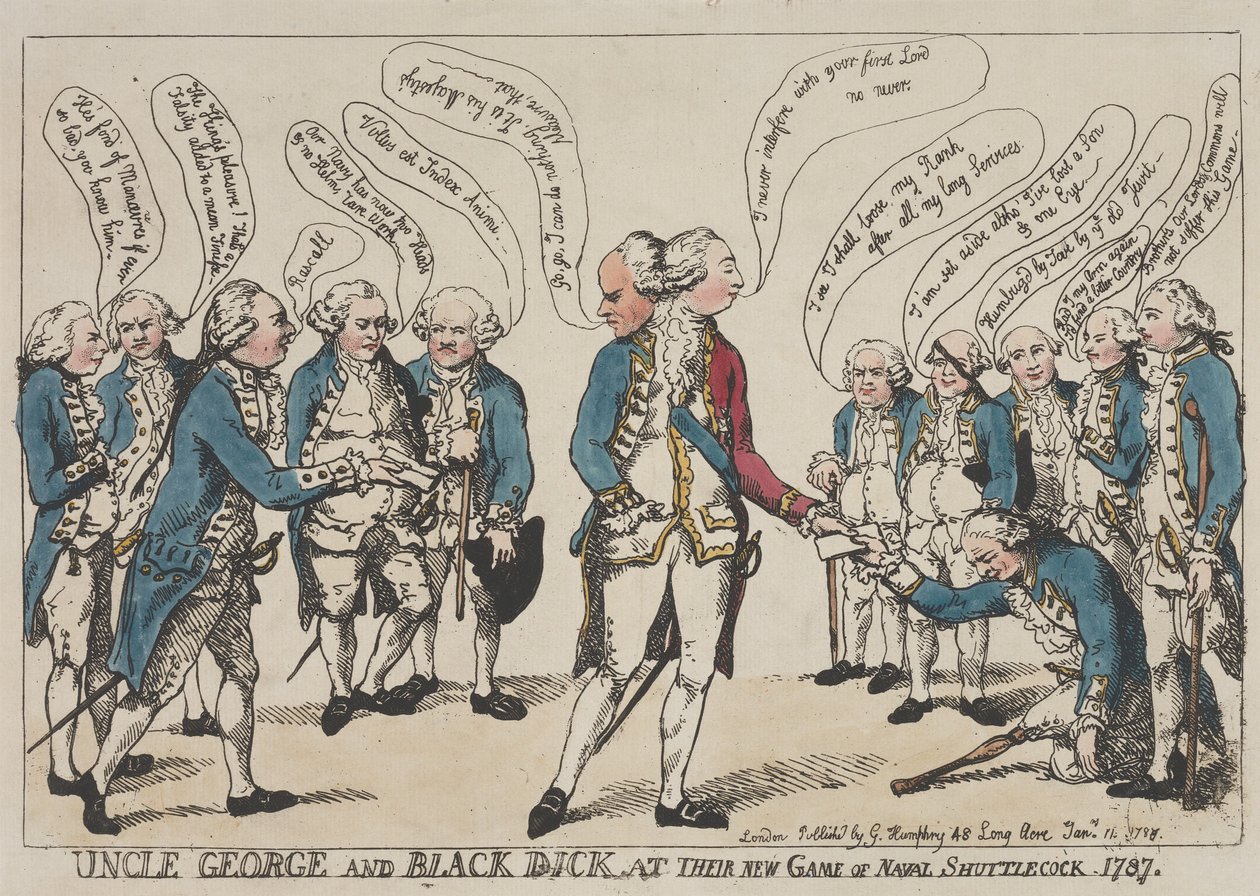 Strýček George a Black Dick při své nové hře „námořní badminton“ od Thomas Rowlandson