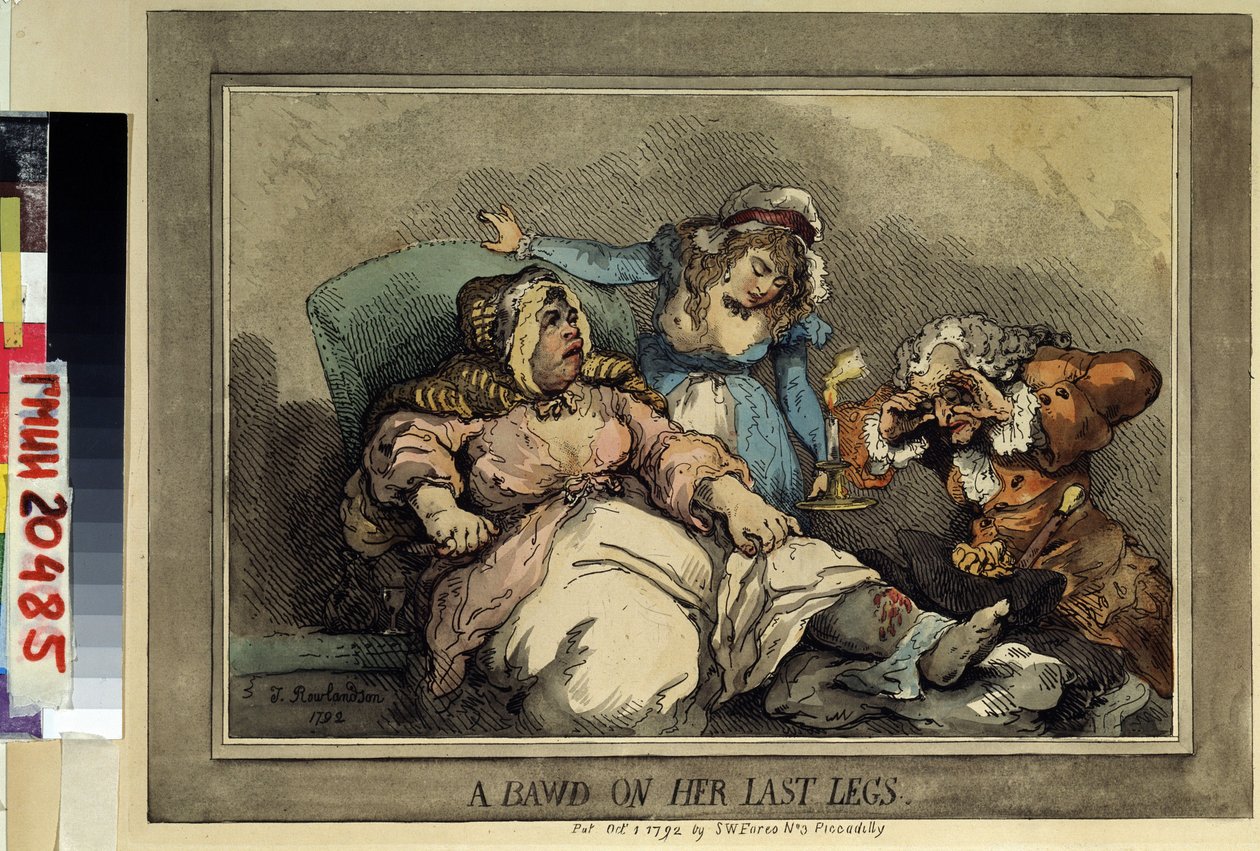 Majitelka nevěstince na poslední noze (Hloupost na posledních nohách) Kresba Thomase Rowlandsona (1756-1827). Barevný lept, 27,4 x 37 cm od Thomas Rowlandson