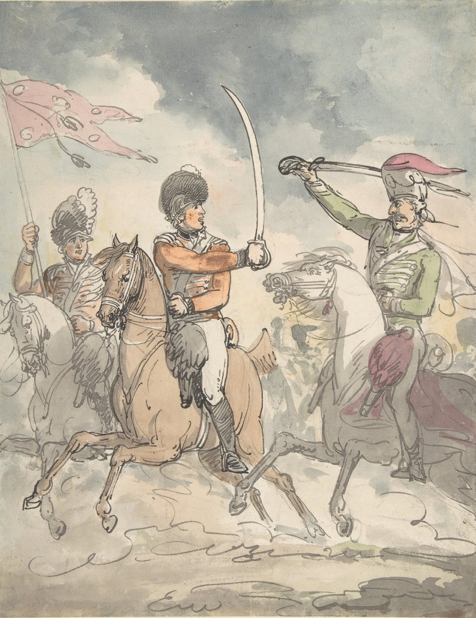 Nepoužitá studie na talíř k maďarskému a vysočinskému cvičení Broadsword 12. února 1799, cca 1799. od Thomas Rowlandson.
