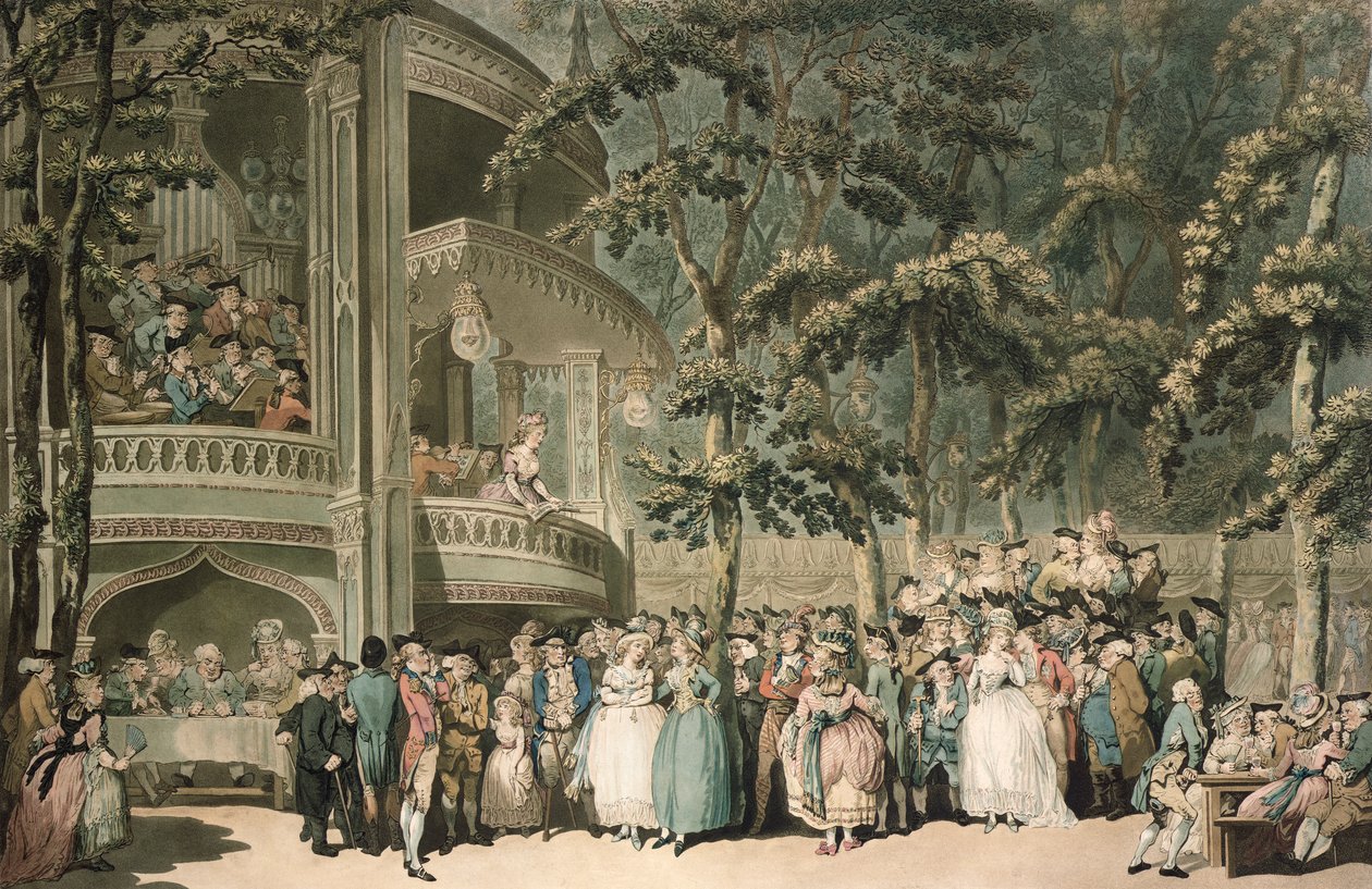 Vauxhall, ryl Robert Pollard (1755-1838) a akvatinoval Francis Jukes (1747-1812), hospoda. John Raphael Smith, 1785 (barevná akvatinta) od Thomas Rowlandson