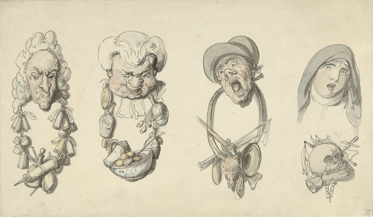 Čtyři karikaturní titulky od Thomas Rowlandson