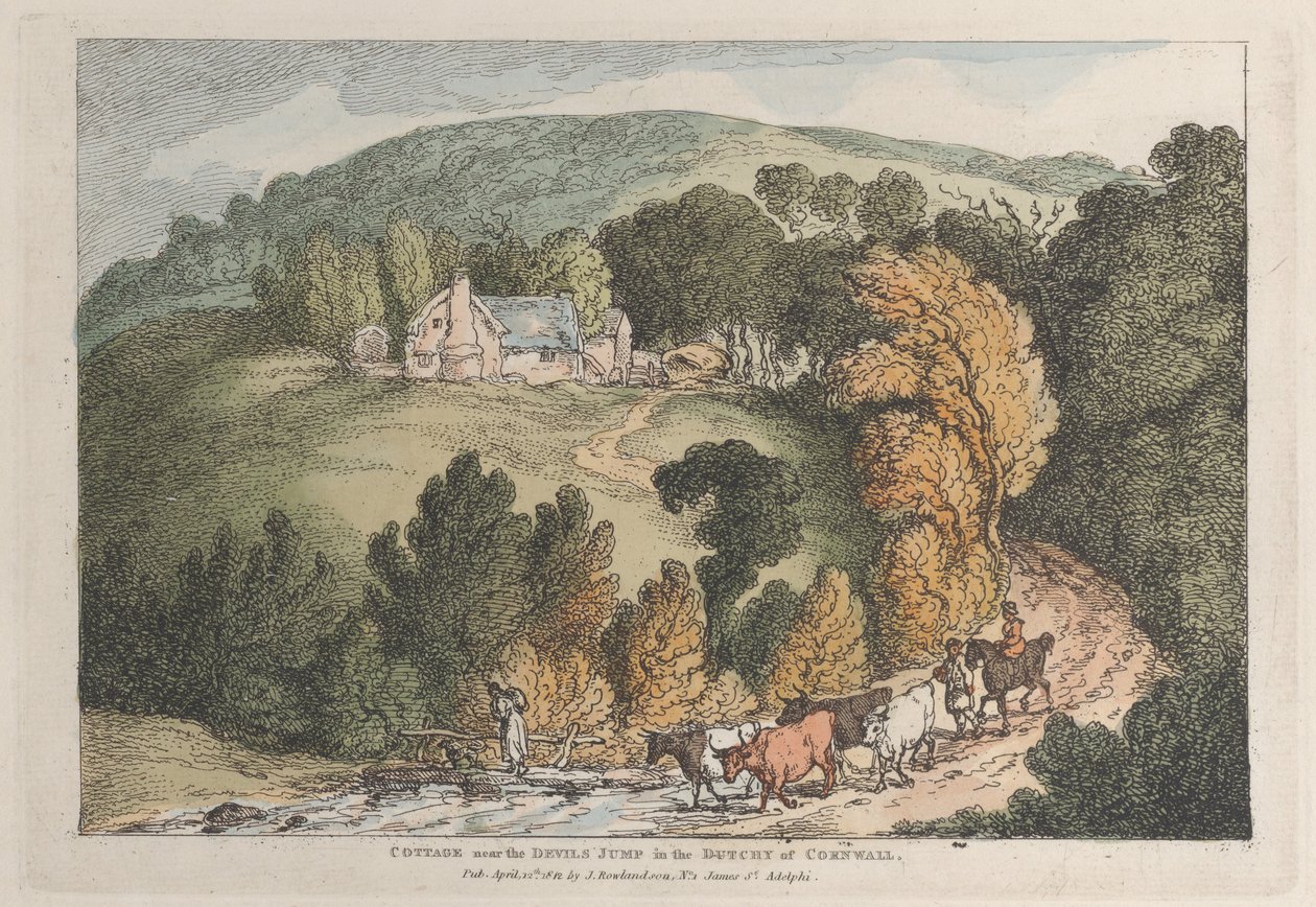 Pohled na kostel a vesnici St. Cue v Cornwallu od Thomas Rowlandson