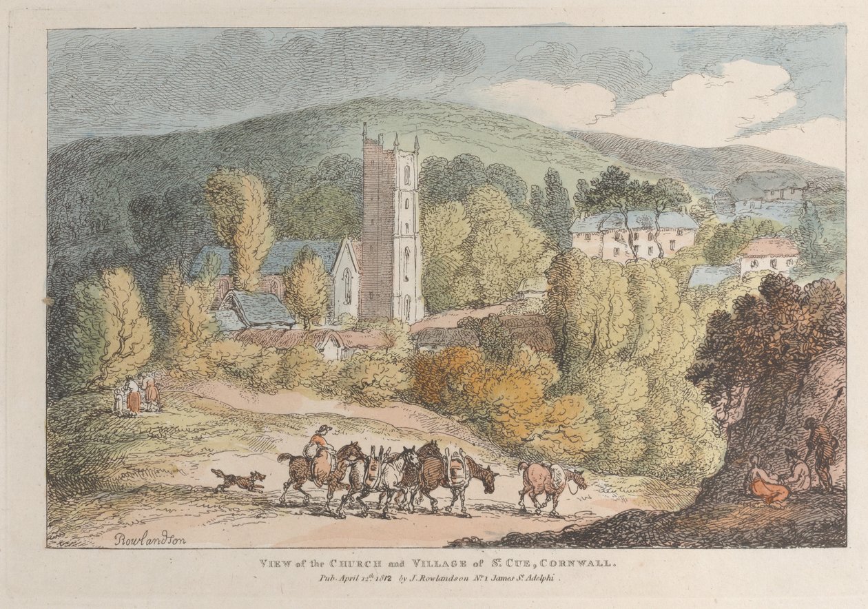 Pohled na kostel a vesnici St. Cue, Cornwall, z Views v Cornwallu, A..., 12. dubna 1812. od Thomas Rowlandson