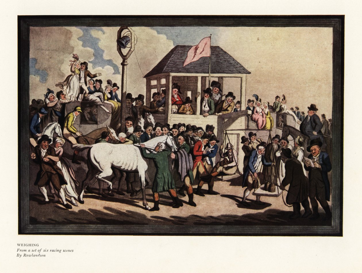 Vážení žokeje na sadě vah na závodní dráze od Thomas Rowlandson