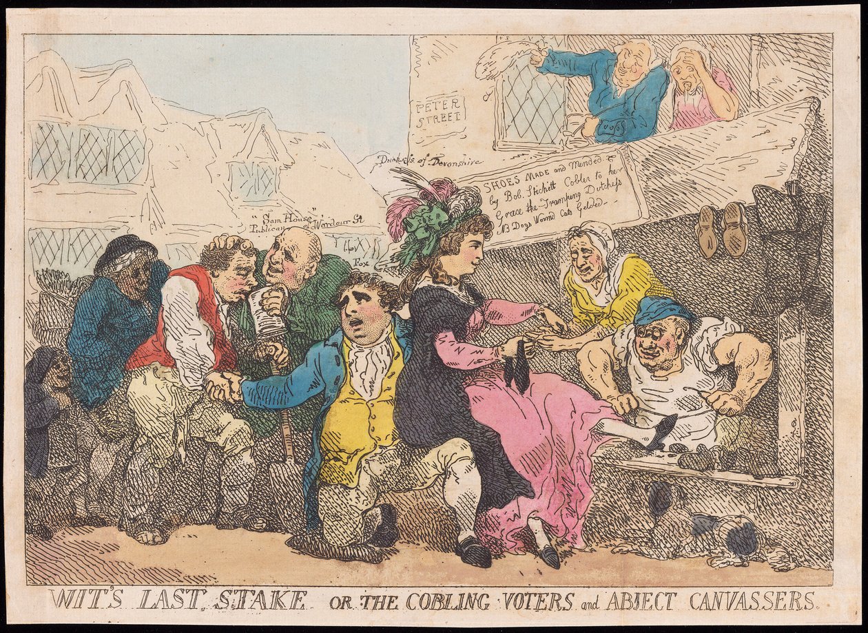 Wits Last Stake, aneb The Cobling Voters a Abject Canvassers, hospoda. (ručně kolorovaná rytina) od Thomas Rowlandson