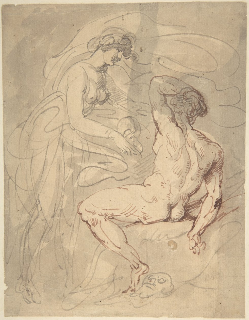 Žena hovořící s sedícím nahým mužem od Thomas Rowlandson