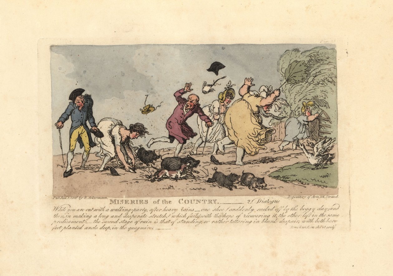 Žena se chystá spadnout s botami zachycenými v bahně. od Thomas Rowlandson