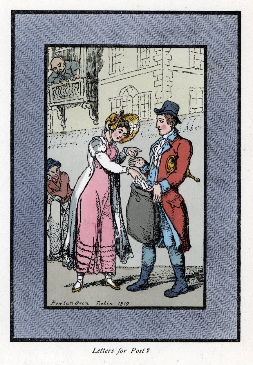 Žena platí a dává dopis do tašky, kterou nese zaměstnanec britské královské pošty. Dřevoryt podle malby Thomase Rowlandsona (1756-1827), publikované v The Cris of London: se šesti okouzlujícími dětmi a téměř 40 ilustracemi, od An od Thomas Rowlandson