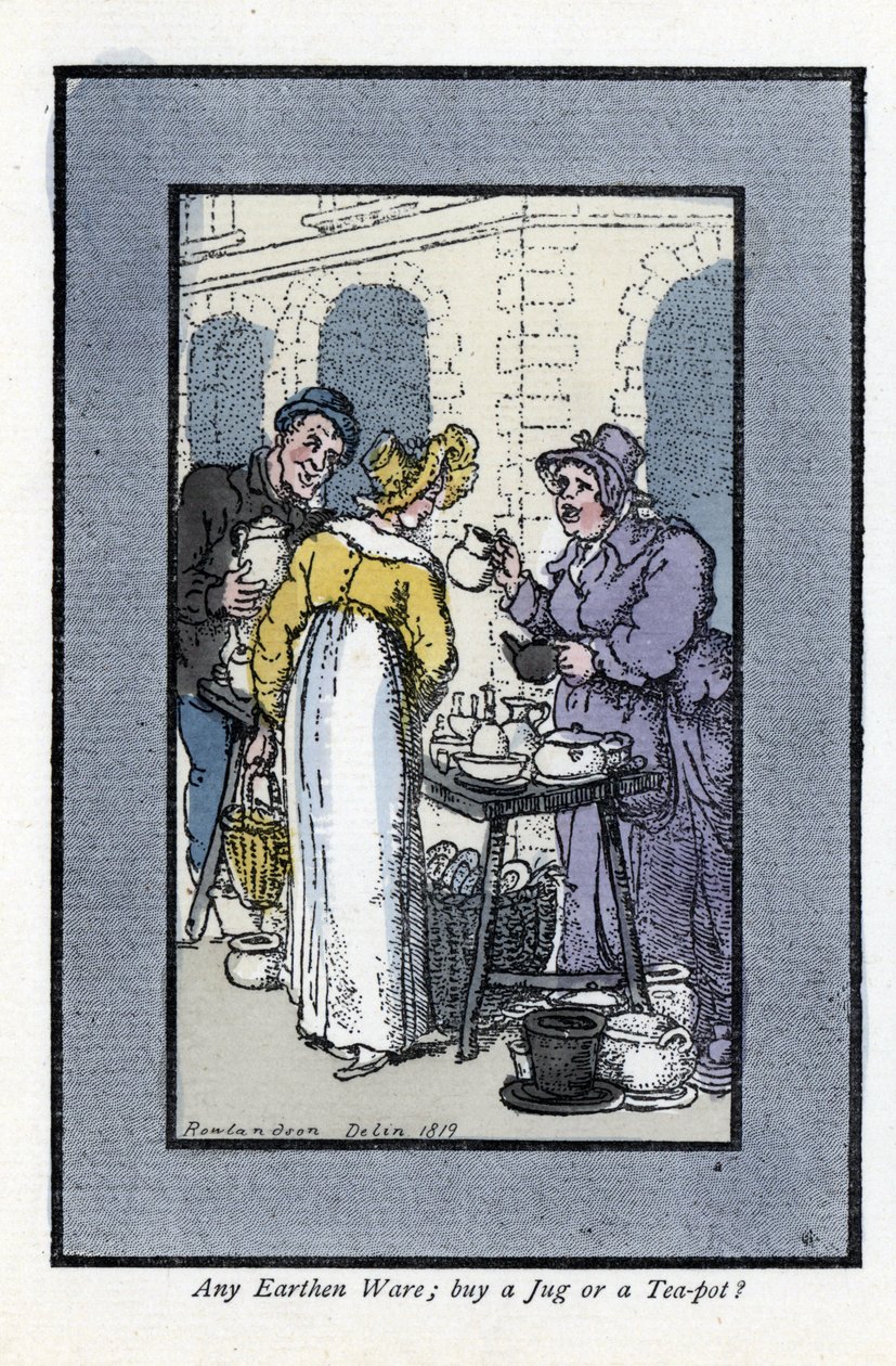 Žena prodávající džbány, konvice a misky má roh ulice. Elegantní mladá žena se dívá na zboží. Dřevoryt podle malby Thomase Rowlandsona (1756-1827), publikované v The Cris of London: se šesti okouzlujícími dětmi a téměř 40 ilustracemi od Thomas Rowlandson