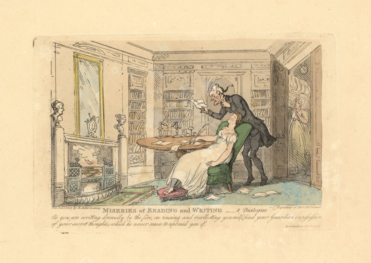 Žena spí u stolu, zatímco muž čte její tajné myšlenky. od Thomas Rowlandson