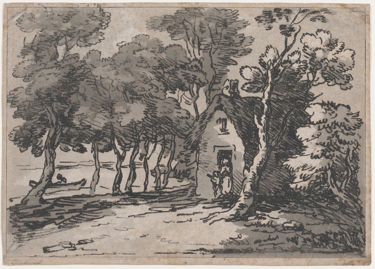 Zalesněná scéna s postavami u dveří chalupy, 1783-88., 1783-88. od Thomas Rowlandson