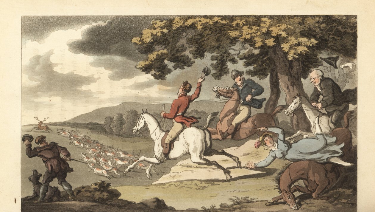 Mladý anglický gentleman na koni s loveckými psy na lovu jelenů od Thomas Rowlandson